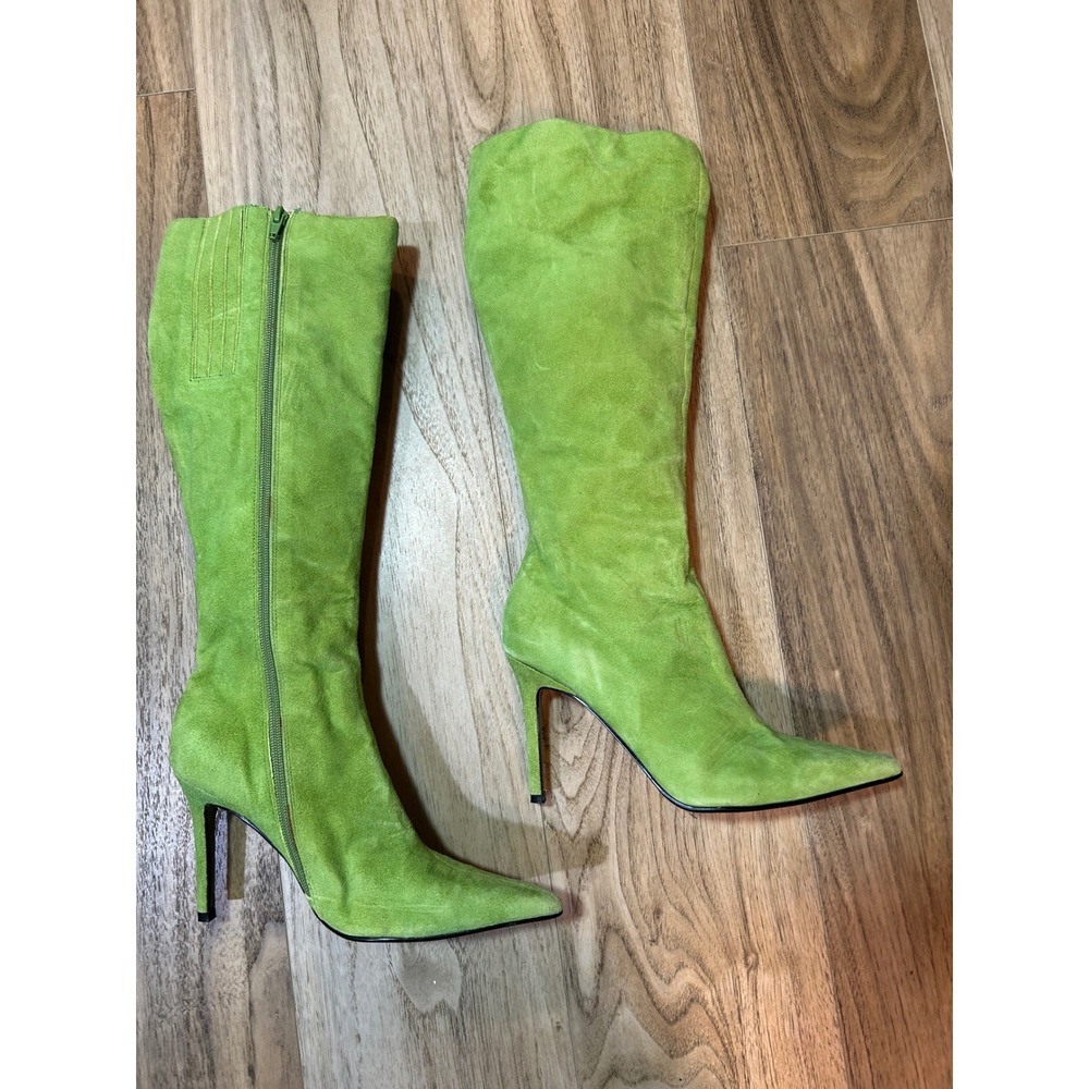Lime Green Suede Knee High Stiletto Boots Pointed Toe Side Zip Neon Tall Boots